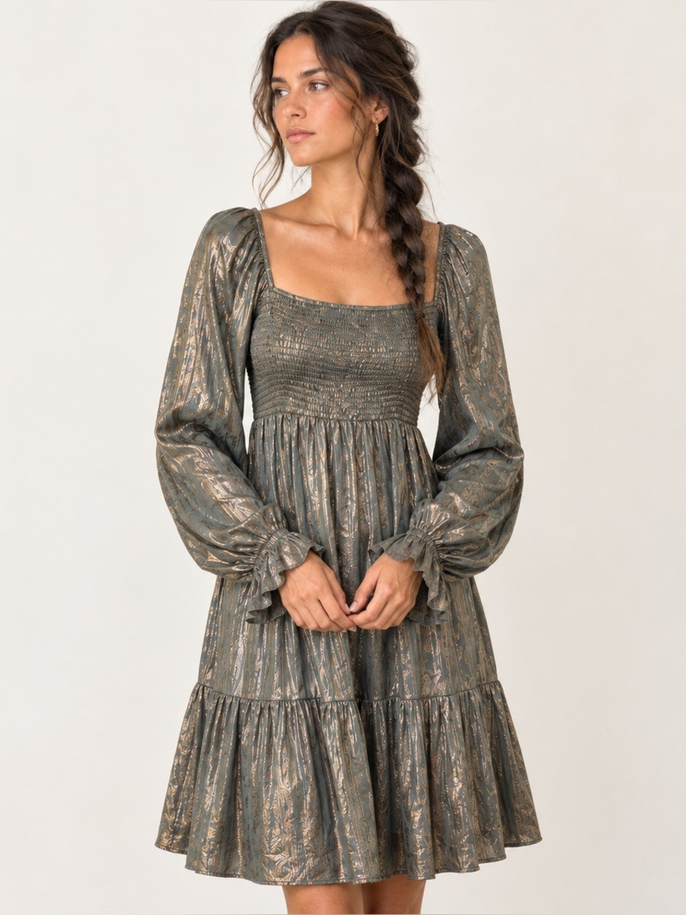 Berry N Cream Smocked Square Neck Long Sleeve Metallic Dress - Bronze Whimsigoth